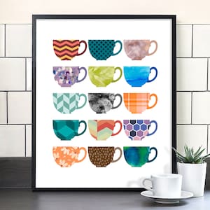 Coffee Cup Poster, Teacup Art Tea Gifts, Modern Kitchen Wall Decor, Coffee Poster, Coffee Art Print, Coffee Bar, Coffee Themed Wall Art