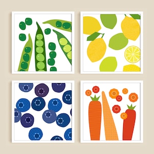 Vegetable Prints, Fruit Poster Prints, Food Artwork, Dining Room Wall Decor, Modern Kitchen Art, 4 Piece Wall Art Square, Home Decor Gift