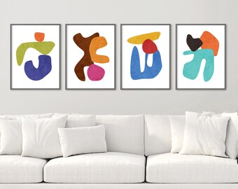 Colorful Shapes Modern Art, Bright Abstract Wall Art Set of 4 Prints Organic Art, Happy Artwork, Living Room Wall Art Printable