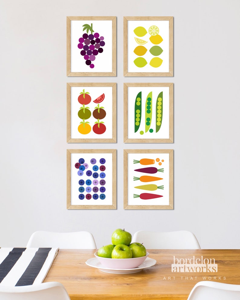Mid Century Modern Art Minimalist Print Blueberries Kitchen Wall Decor Lemons Set of 6 Piece Print Fruit Art Prints Home Decor Gift