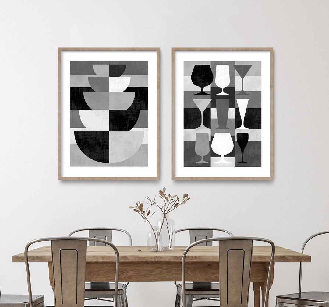 Kitchen Wall Art Black and White Prints Set of 2, Dining Room Wall