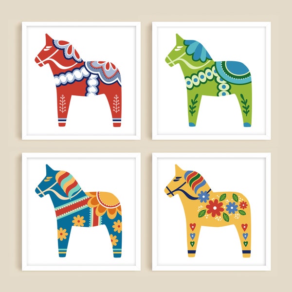 Swedish Dala Horse Printable Wall Art, Scandinavian Folk Art, Swedish Horse Themed Gifts, Red Dala Horse Art Print Set of 4, Square Artwork