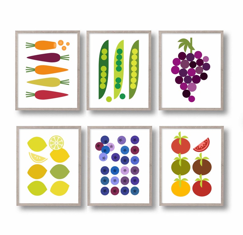 Mid Century Modern Art Minimalist Print Blueberries Kitchen Wall Decor Lemons Set of 6 Piece Print Fruit Art Prints Home Decor Gift