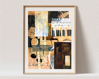 Music Themed Wall Art, Music Notes Art, Sheet Music Collage Art, Piano Teacher Gift, Piano Keys Art, Modern Abstract Painting Giclee Print