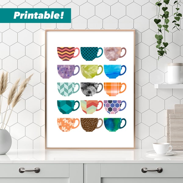 Coffee Cup Poster Printable Wall Art, Teacup Art Print, Coffee Art Download, Kitchen Wall Decor, Coffee Poster, Coffee Lover Gift,Coffee Bar