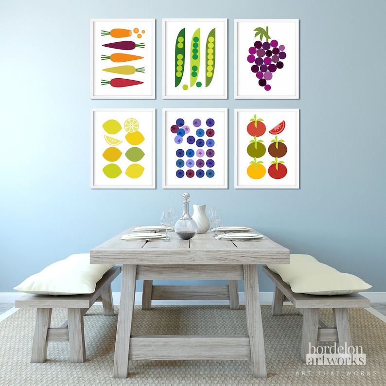 Mid Century Modern Art Minimalist Print Blueberries Kitchen Wall Decor Lemons Set of 6 Piece Print Fruit Art Prints Home Decor Gift