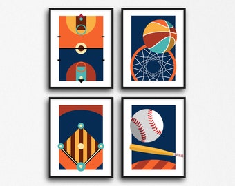 Sports Theme Wall Decor, Baseball Artwork, Basketball Prints, Sports Decor for Boys Room, Sport Posters, 4 Piece Wall Art Digital Download