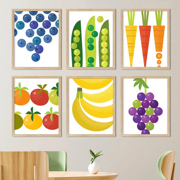 Colorful Kitchen Wall Decor, Fruit Vegetable Print Set of 6, Fun Kitchen Wall Art Printable, Food Poster, Blueberry PeaPod Carrot Banana Art