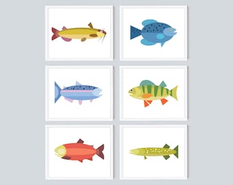 Folk Art Fish Poster Set of 6 Prints, Sea Creature Nursery Decor, Colorful Fish Art, Lake House Wall Art Digital Download, Fishing Gift Idea