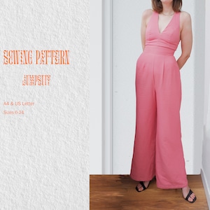 May include: A sewing pattern for a jumpsuit, with the text "SEWING PATTERN JUMPSUIT" and "A4 & US Letter Sizes 6-24" printed on a white background. A woman is wearing a pink jumpsuit in the background.