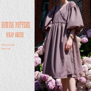 May include: A sewing pattern for a wrap dress with a plaid print. The pattern is available in sizes 6-24 and is printed on A4 and US Letter paper.