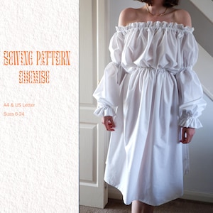May include: A white off-the-shoulder dress with long, puffy sleeves and ruffled cuffs. The dress has a gathered bodice and a flowing skirt. Text on the left side reads "SEWING PATTERN" and "A4 & US Letter Sizes 6-24".