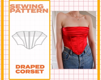 May include: A sewing pattern for a draped corset. The pattern is shown on a white background with the words "Sewing Pattern" and "Draped Corset" in orange text. A red corset is shown on a person in the background.