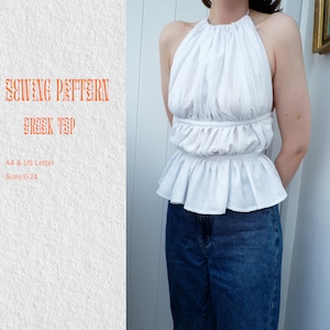 Peut inclure: Patron de couture pour un haut blanc à bretelles, tailles 6 à 24. Le patron est pour un style de haut grec avec un corsage plissé et un ourlet à volants. Le patron est disponible en tailles A4 et US Letter.
