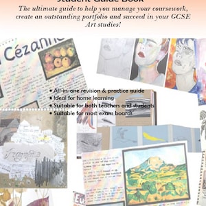 May include: A colorful book cover with the title "GCSE in Art & Design made simple" and "Student Guide Book". The cover features a collage of artwork, including paintings, drawings, and photographs. The book is published by Stella Art Academy.