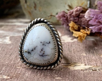 Dendritic opal sterling silver ring. handmade boho bohemian jewelry jewellery. Size 5.75