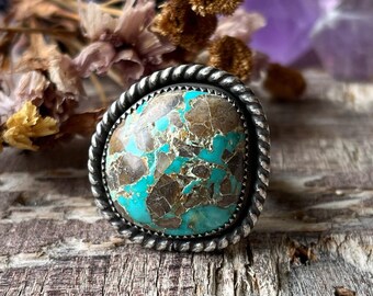 Rustic Blue-green CARICO LAKE turquoise sterling silver and fine silver ring. handmade Navajo southwestern style jewelry. Size 7