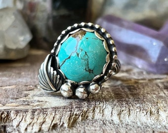 Hubei Turquoise leaf ring. handmade ooak artisan southwestern navajo style sterling silver ring. SIZE 6