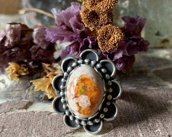 Mexican Fire Opal flower scalloped handmade details sterling silver ring  . boho bohemian gypsy navajo style metaphysical jewelry - Size 5