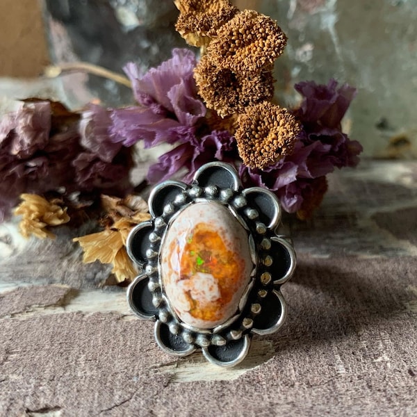 Mexican Fire Opal flower scalloped handmade details sterling silver ring  . boho bohemian gypsy navajo style metaphysical jewelry - Size 5