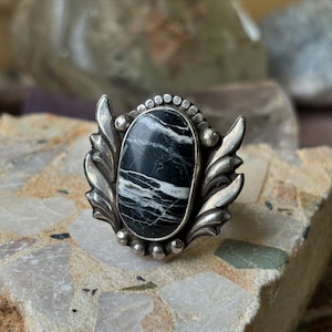 White Buffalo sterling silver and fine silver ring/ black and white. handmade boho bohemian statement jewelry. SIZE 6