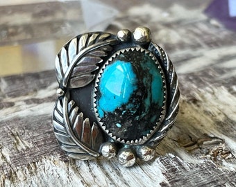 blue Hubei Turquoise leaf ring. handmade ooak artisan southwestern navajo style sterling silver ring. SIZE 8