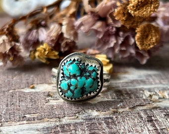 Alacron Nugget turquoise ring. handmade southwestern navajo style jewelry jewellery. blue turquoise ring. Size 4