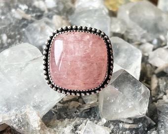 Strawberry quartz sterling silver ring. handmade boho bohemian jewelry jewellery. statement pink ring. love and friendship Size 6