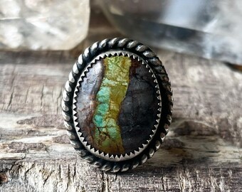 boulder ribbon turquoise silver ring. handmade boho bohemian statement artisan jewelry jewellery. Navajo style. Size 8