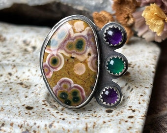 Ocean Jasper Amethyst and Green onyx sterling silver multi stone statement ring. handmade artisan jewelry jewellery. SIZE 7