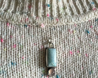 Larimar and pink chalcedony charm necklace. handmade minimalist dainty style jewelry jewellery