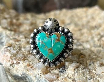 Kingman turquoise heart ring. handmade sterling silver navajo southwestern style handmade one of a kind ring jewelry jewellery