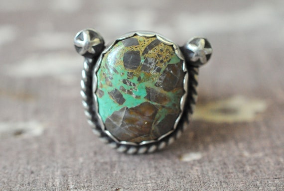 southwestern stamped 925 Native American sterling 925 silver handmade ring with carico turquoise Size 8