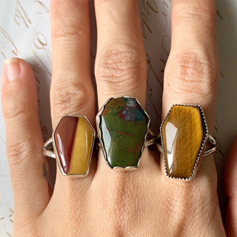 SIZE 7.5 COFFIN momento mori Mookaite Jasper ring handmade boho bohemian artisan jewelry