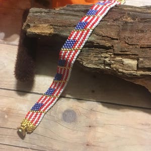 Red, White & Blue Bracelet, Wrist Band, Wrist Cuff, Patriotic, Elegant, Faith, Peyote, Glass Beads