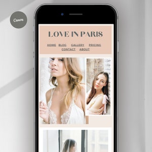 May include: A website homepage for a photography business called "Love in Paris". The website has a light pink background with a black header and navigation bar. The navigation bar includes links to "Home", "Blog", "Gallery", "Pricing", "Contact", and "About". The homepage features three images of women in various poses. The images are in a grid layout.