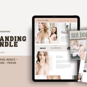 May include: A digital branding bundle for senior photographers, featuring a website landing page, client guide, and pricing guide. The image includes a tablet displaying a website design, a magazine, and a pricing guide, all with a boudoir photography theme.