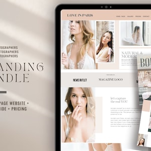 May include: Branding bundle for photographers, including a landing page website, client guide, and pricing guide. The bundle features a modern design with a pink and white color scheme.