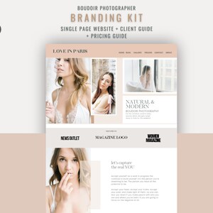 May include: A website mockup for a boudoir photographer, featuring a pink and white color scheme. The website includes a header with the text "LOVE IN PARIS" and a tagline that reads "NATURAL & MODERN BOUDOIR PHOTOGRAPHY". The website also includes a section with the text "let's capture the real YOU!" and a call to action to "Accept yourself as you are".