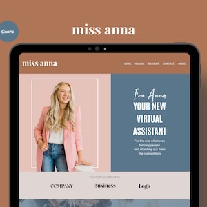 May include: A website homepage for a virtual assistant service called "miss anna". The website features a photo of a woman in a pink blazer and blue jeans, with the text "I'm Anna YOUR NEW VIRTUAL ASSISTANT" and a description of the service.