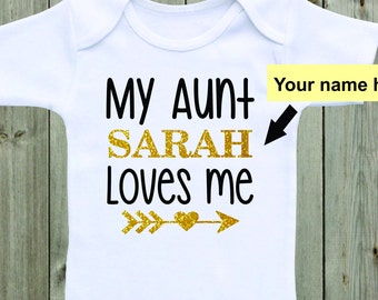 My Aunt Loves Me Baby Onesie Aunt Onesie Baby Girl Girl Outfit Black Gold Pink Glitter Shirt Baby Girl Clothes Baby Shower Gift