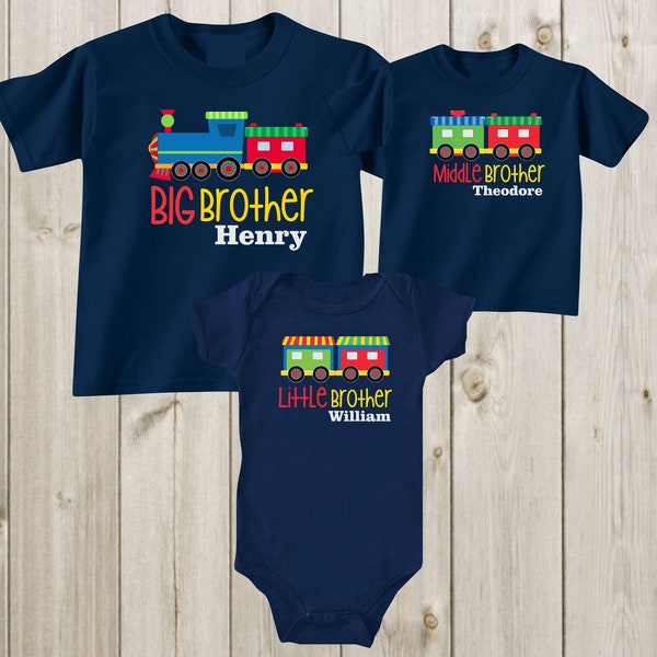 Set of 3 shirts Big Middle Little Brother Train shirts Bodysuit Personalized Custom Gift sets Sibling Family Baby Shower Gifts T-shirts