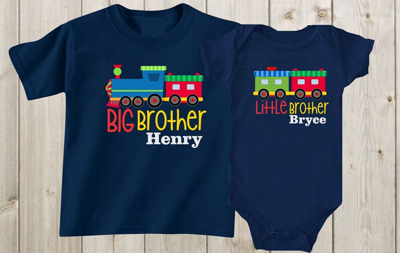 Set of 2 matching shirts Big brother little brothers shirts Custom sibling shirts trains Custom shirts Baby boy outfit Baby shower gift image 1