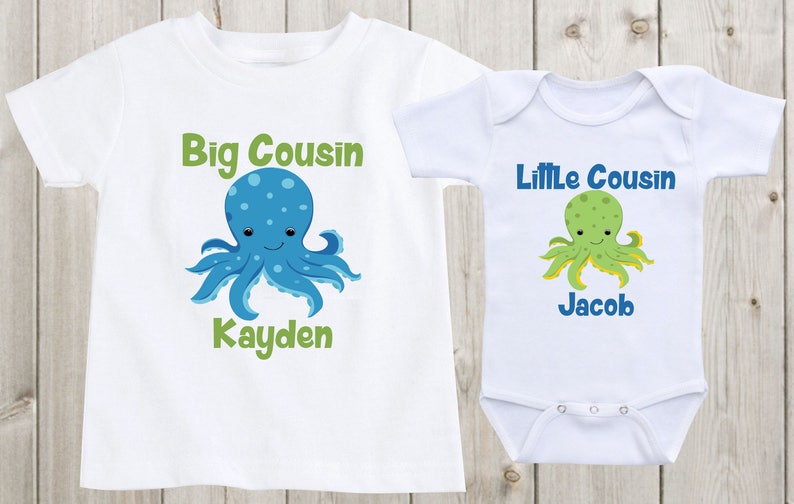 Set of 2 Big Cousin Little Cousin Matching Outfits Matching Shirts Baby Onesie Personalized Shirts Cousin Shirts Baby Shower Gift