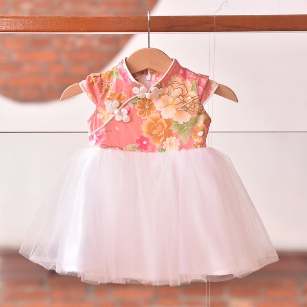 girl cheongsam style tutu dress custom order handmade pink/white