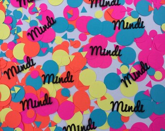 80's Neon Theme Party Confetti - 500 pieces Hot Pink, Yellow, Blue, Orange Circles and Triangles.  Personalized Custom Name Confetti