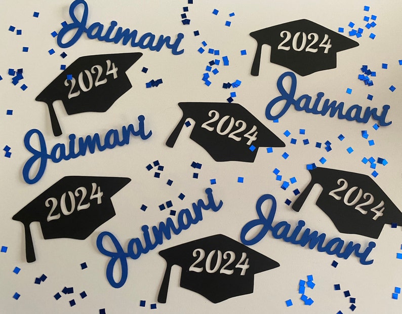 Personalized Graduation Caps and Names Confetti with Glitter Squares Class of 2024 Large Confetti image 1