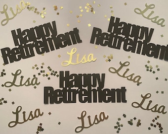 May include: A collection of black and gold paper cutouts for a retirement celebration. The words "Happy Retirement" and the name "Lisa" are displayed in various sizes and fonts, along with gold confetti.