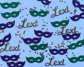 Personalized Mardi Gras Party Confetti - Green & Purple Masks, Custom Name, Glitter Squares