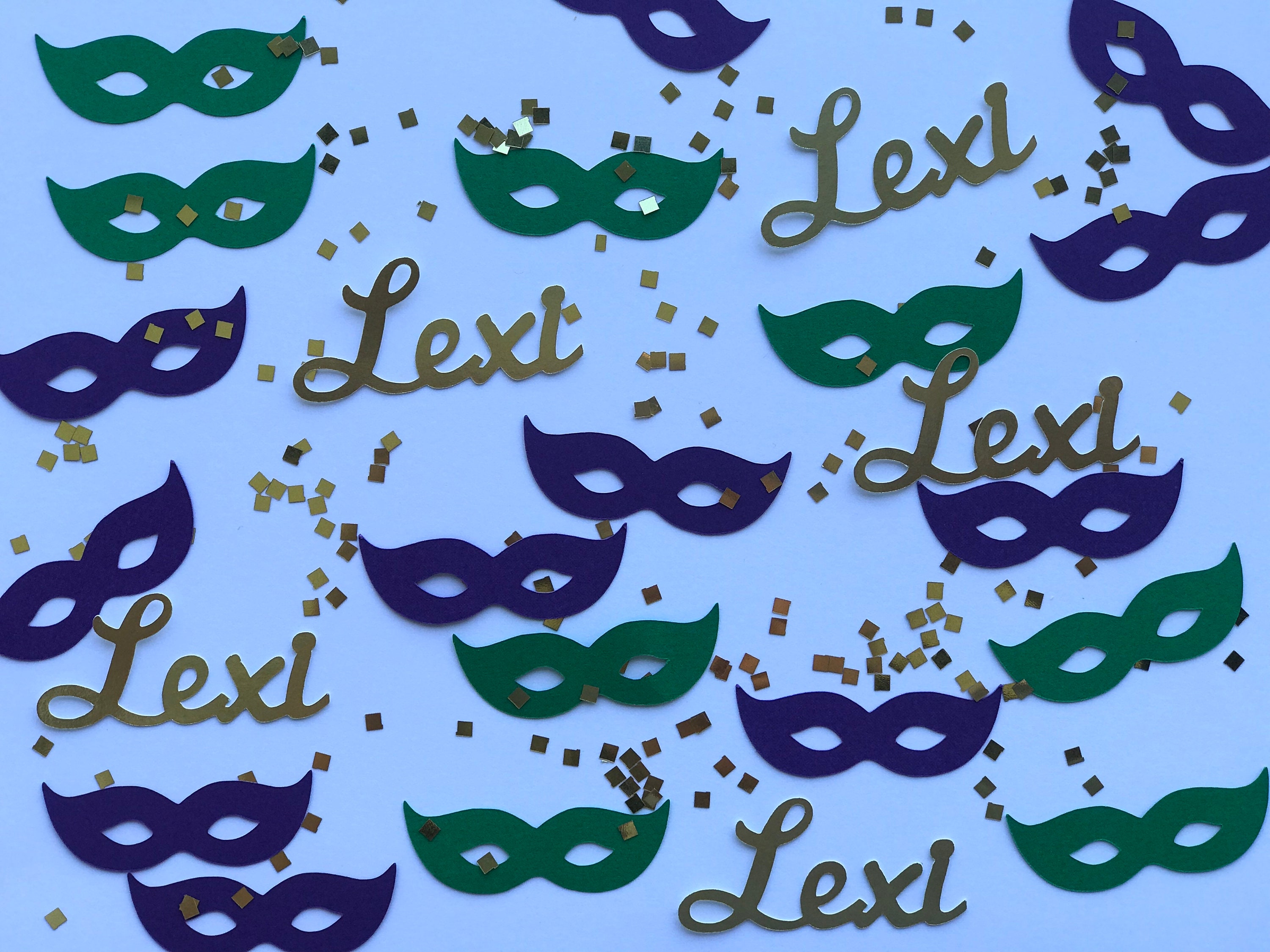 Personalized Mardi Gras Party Confetti Green Purple Masks Custom Name Glitter Squares